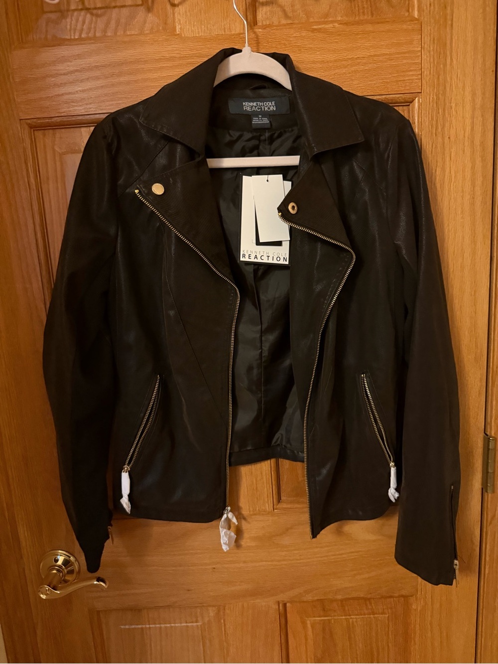 Kenneth Cole Reaction Brown Faux Leather Moto Jacket with Gold Hardware Accents